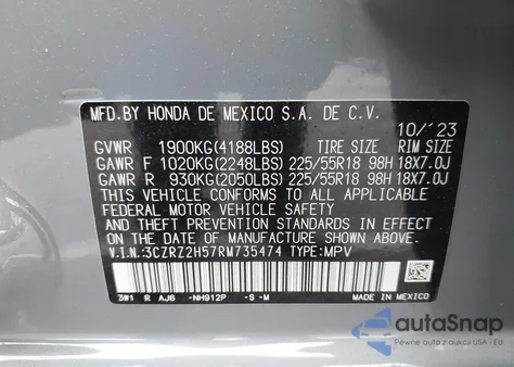 2024 Honda Hr-V Awd Sport/Awd Sport W/O Bsi from USA, damaged, VIN 3CZRZ2H57RM735474